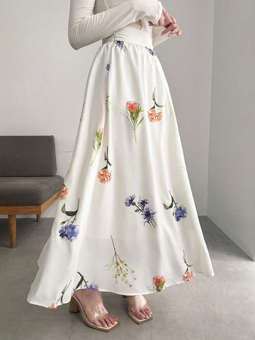 FRIFUL Women's Elegant Floral Printed Long A-Line Skirt, Summer