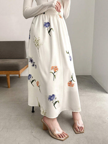 FRIFUL Women's Elegant Floral Printed Long A-Line Skirt, Summer
