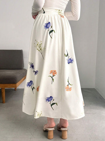 FRIFUL Women's Elegant Floral Printed Long A-Line Skirt, Summer