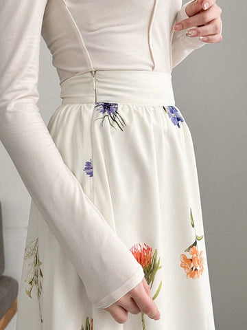 FRIFUL Women's Elegant Floral Printed Long A-Line Skirt, Summer