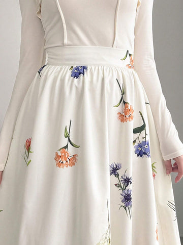 FRIFUL Women's Elegant Floral Printed Long A-Line Skirt, Summer