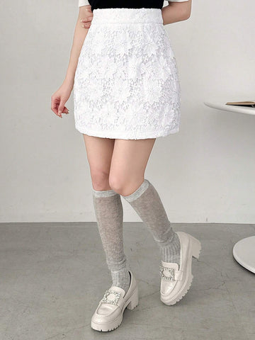 FRIFUL Women's Elegant Solid Color Lace Floral Skirt, Summer