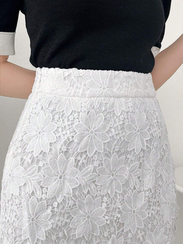 FRIFUL Women's Elegant Solid Color Lace Floral Skirt, Summer