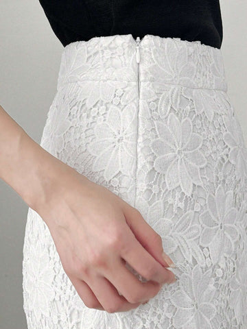 FRIFUL Women's Elegant Solid Color Lace Floral Skirt, Summer