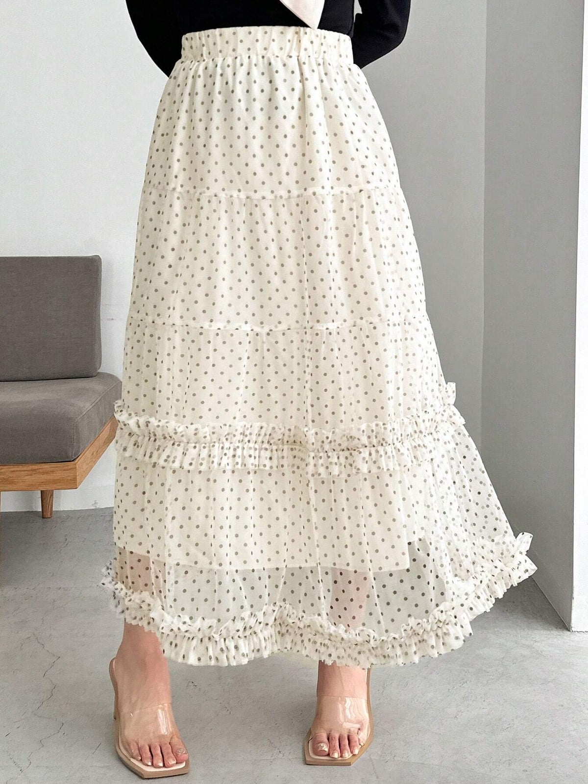FRIFUL Women's Fashion Solid Color Polka Dot Ruffle Hem Skirt