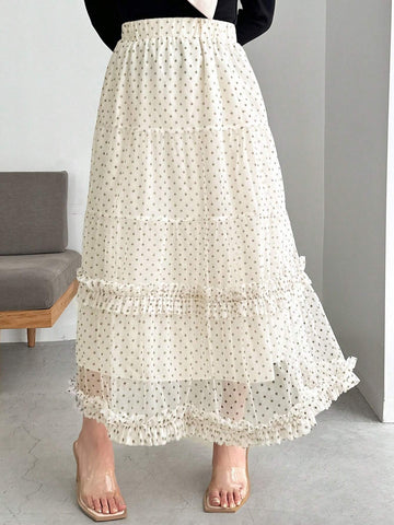 FRIFUL Women's Fashion Solid Color Polka Dot Ruffle Hem Skirt