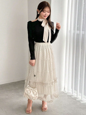 FRIFUL Women's Fashion Solid Color Polka Dot Ruffle Hem Skirt