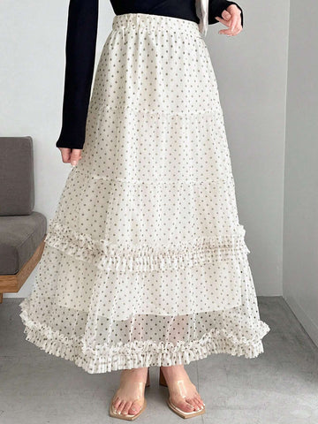 FRIFUL Women's Fashion Solid Color Polka Dot Ruffle Hem Skirt