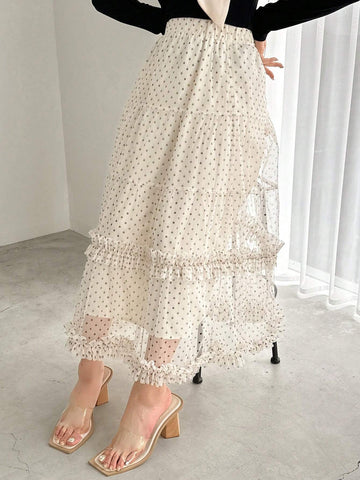 FRIFUL Women's Fashion Solid Color Polka Dot Ruffle Hem Skirt