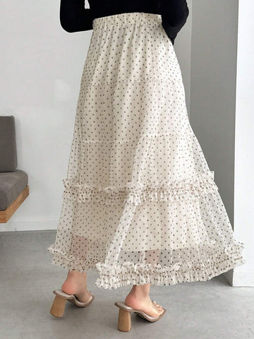 FRIFUL Women's Fashion Solid Color Polka Dot Ruffle Hem Skirt