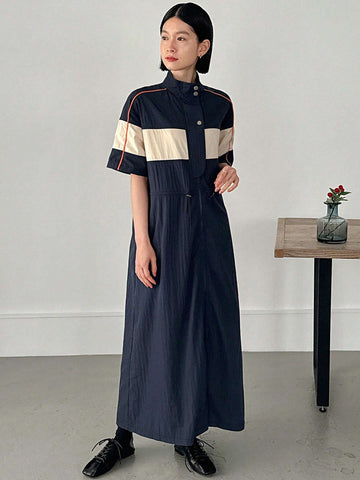 FRIFUL Women's Fashionable Colorblock Short Sleeve Zipper Dress
