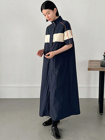 FRIFUL Women's Fashionable Colorblock Short Sleeve Zipper Dress
