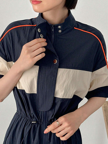 FRIFUL Women's Fashionable Colorblock Short Sleeve Zipper Dress