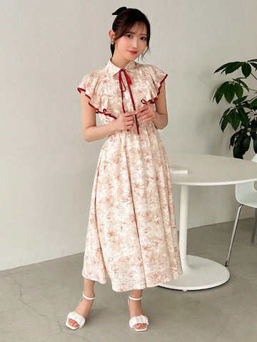 FRIFUL Women's Floral Printed Color Block Ruffle Hem Dress