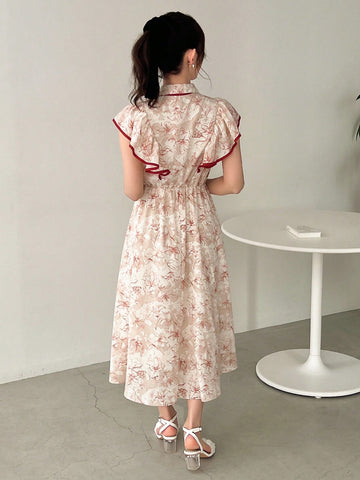 FRIFUL Women's Floral Printed Color Block Ruffle Hem Dress