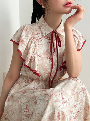 FRIFUL Women's Floral Printed Color Block Ruffle Hem Dress