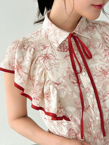 FRIFUL Women's Floral Printed Color Block Ruffle Hem Dress
