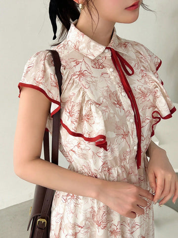 FRIFUL Women's Floral Printed Color Block Ruffle Hem Dress