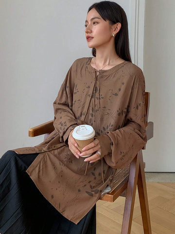 FRIFUL Women's Front Button Long Sleeve Allover Print Casual Tie-Waist Loose Shirt