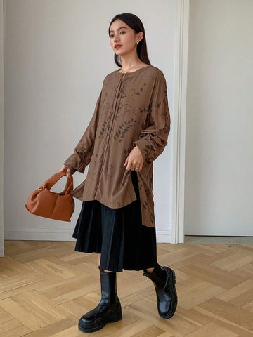 FRIFUL Women's Front Button Long Sleeve Allover Print Casual Tie-Waist Loose Shirt