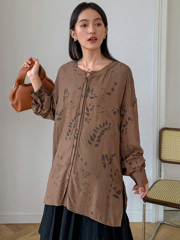 FRIFUL Women's Front Button Long Sleeve Allover Print Casual Tie-Waist Loose Shirt