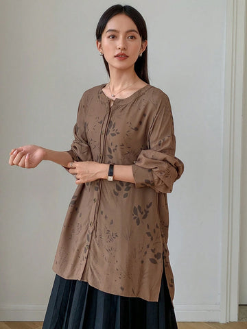 FRIFUL Women's Front Button Long Sleeve Allover Print Casual Tie-Waist Loose Shirt