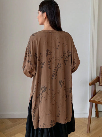 FRIFUL Women's Front Button Long Sleeve Allover Print Casual Tie-Waist Loose Shirt