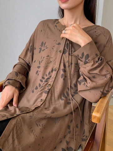 FRIFUL Women's Front Button Long Sleeve Allover Print Casual Tie-Waist Loose Shirt