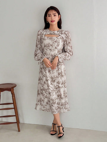FRIFUL Women's Hollowed-Out Floral Printed Dress