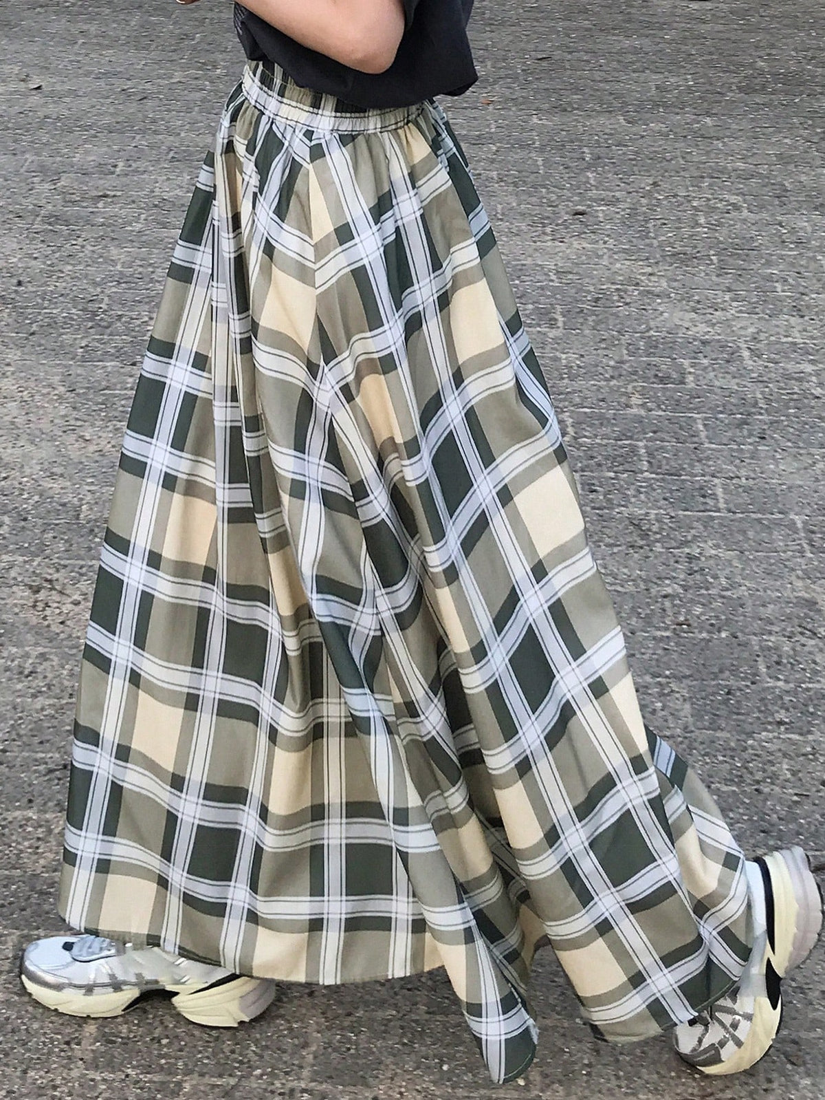 FRIFUL Women's Long Plaid Skirt, Spring/Summer,Ruffle