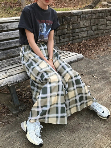 FRIFUL Women's Long Plaid Skirt, Spring/Summer,Ruffle