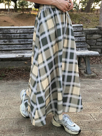 FRIFUL Women's Long Plaid Skirt, Spring/Summer,Ruffle