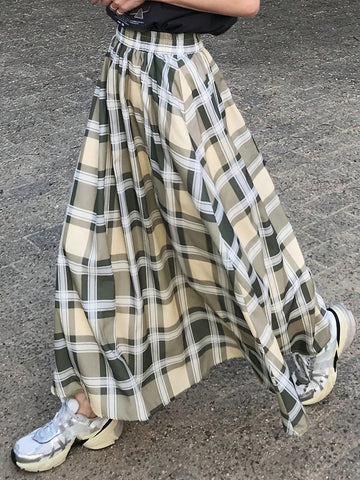 FRIFUL Women's Long Plaid Skirt, Spring/Summer,Ruffle