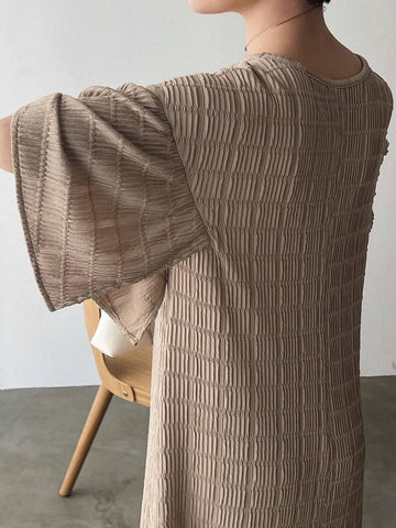 FRIFUL Women's Long Sleeve Textured Ruffle Hem Midi Dress