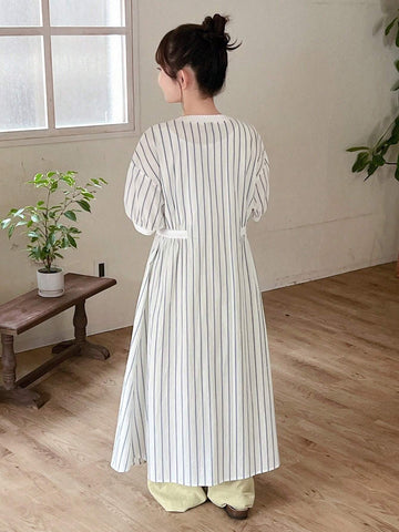 FRIFUL Women's Long Striped Button Front Maxi Dress