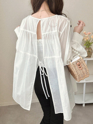 FRIFUL Women's Loose Tied Front Sheer Blouse