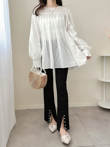 FRIFUL Women's Loose Tied Front Sheer Blouse