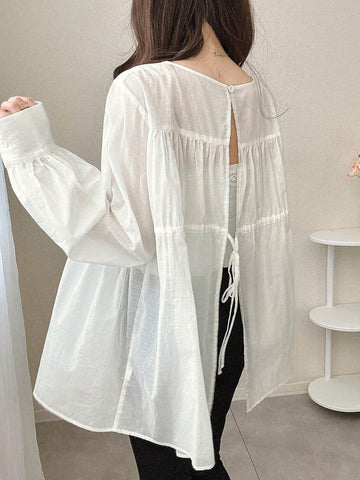FRIFUL Women's Loose Tied Front Sheer Blouse