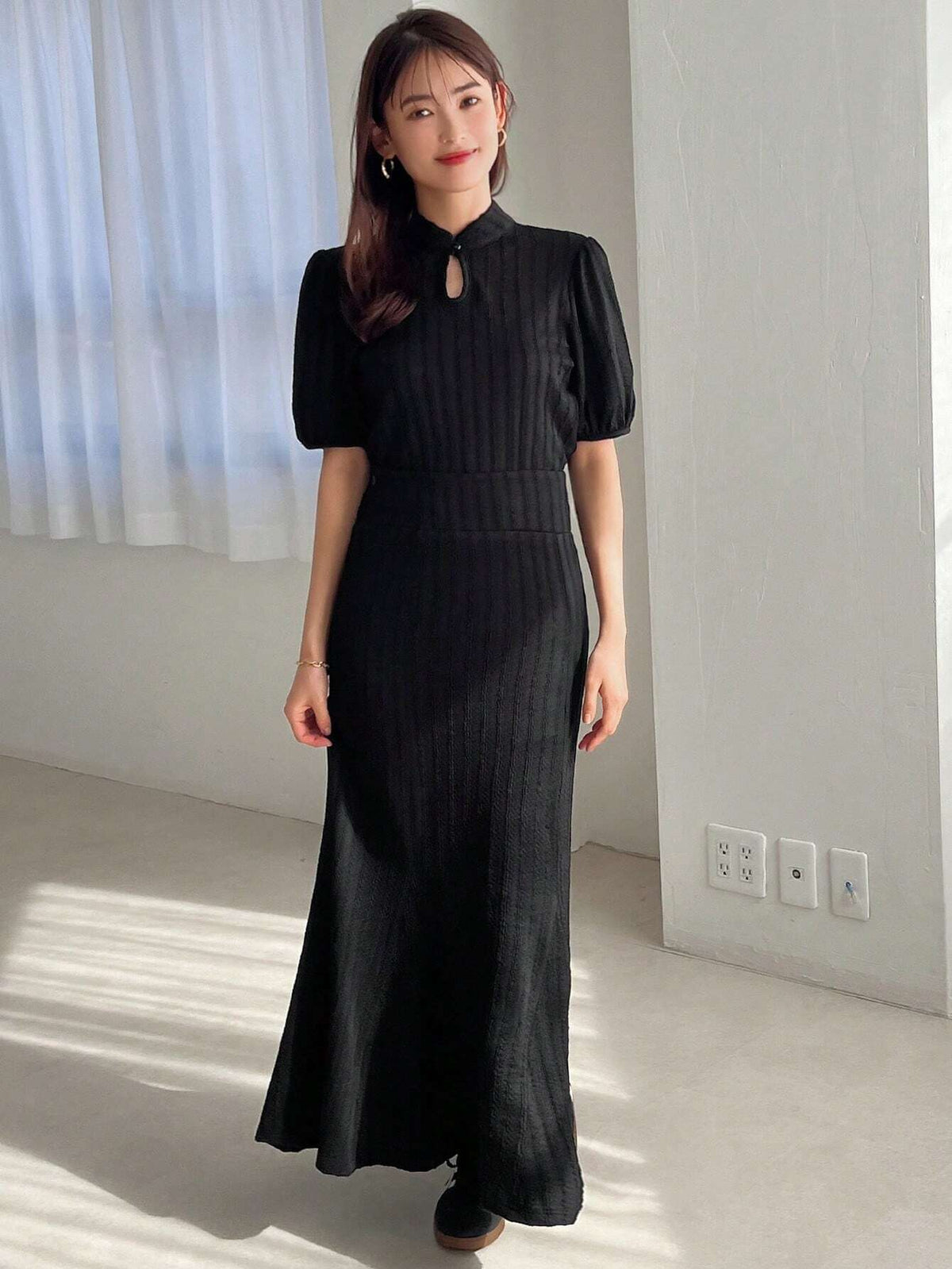 FRIFUL Women's Mandarin Collar Short Bubble Sleeve Top And Mermaid Hem Skirt Set