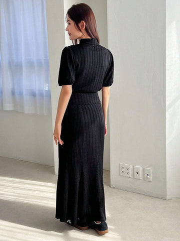 FRIFUL Women's Mandarin Collar Short Bubble Sleeve Top And Mermaid Hem Skirt Set