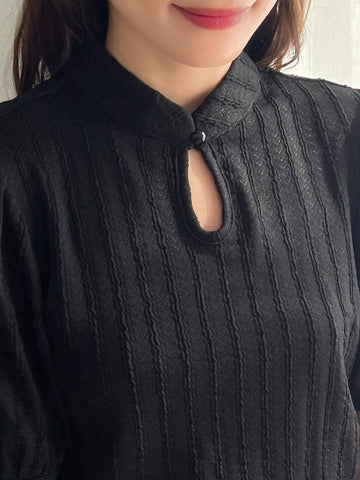 FRIFUL Women's Mandarin Collar Short Bubble Sleeve Top And Mermaid Hem Skirt Set