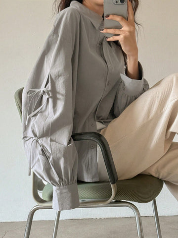 FRIFUL Women's Oversized Bow Tie Wrap Around Long Sleeve Casual Blouse