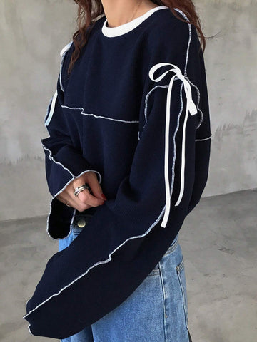 Women's Oversized Round Neck Contrast Color Bow Tie T-Shirt