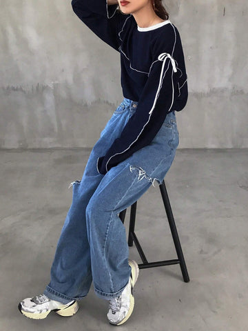 Women's Oversized Round Neck Contrast Color Bow Tie T-Shirt