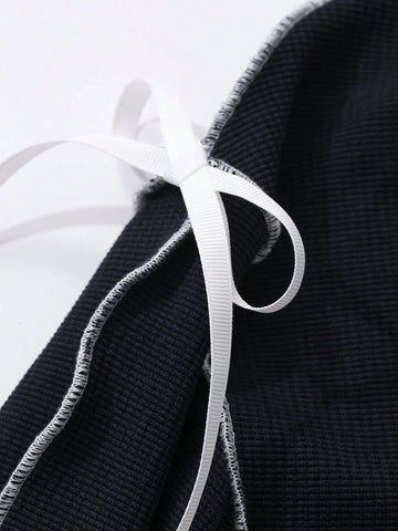Women's Oversized Round Neck Contrast Color Bow Tie T-Shirt