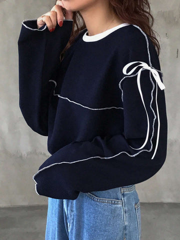 Women's Oversized Round Neck Contrast Color Bow Tie T-Shirt