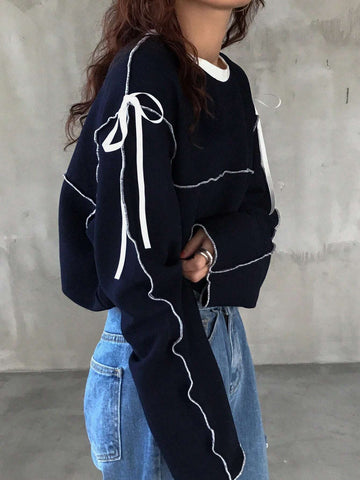 Women's Oversized Round Neck Contrast Color Bow Tie T-Shirt
