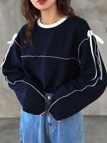 Women's Oversized Round Neck Contrast Color Bow Tie T-Shirt