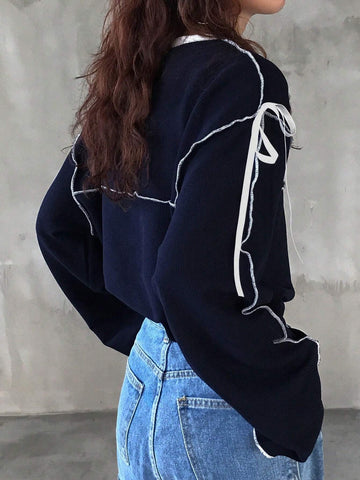 Women's Oversized Round Neck Contrast Color Bow Tie T-Shirt