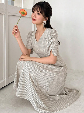 FRIFUL Women's Plaid Pleated Bubble Sleeve Dress